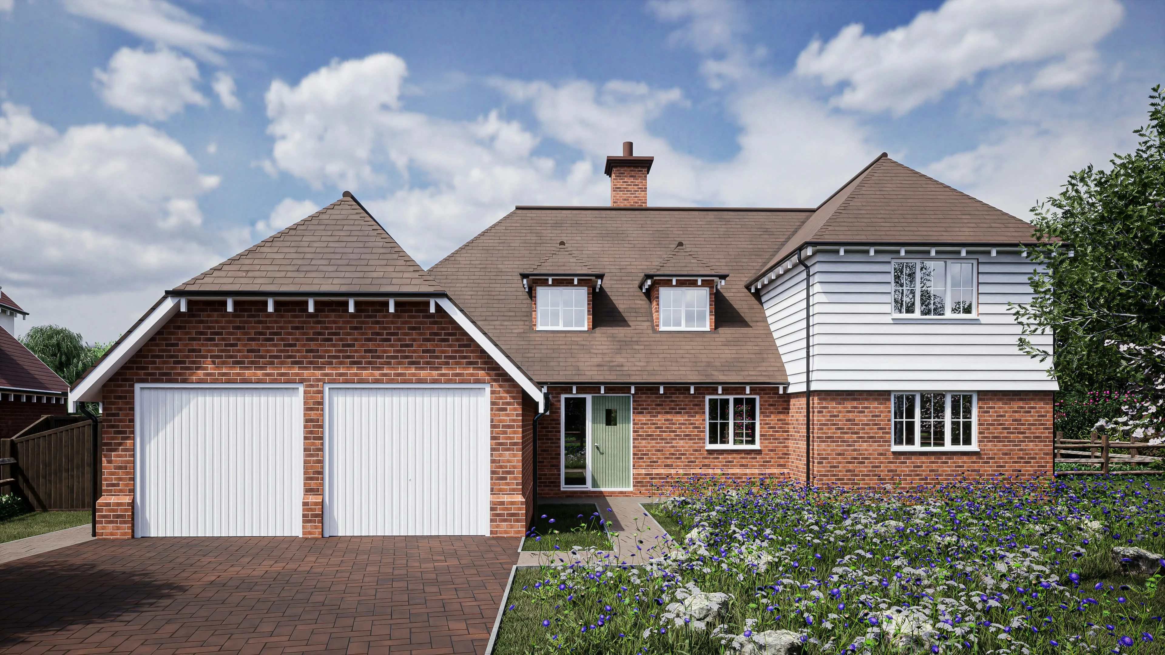 Visualisation of a UK new-build home with attached garage — the kind of property where hidden costs of a heat pump quote tend to arise
